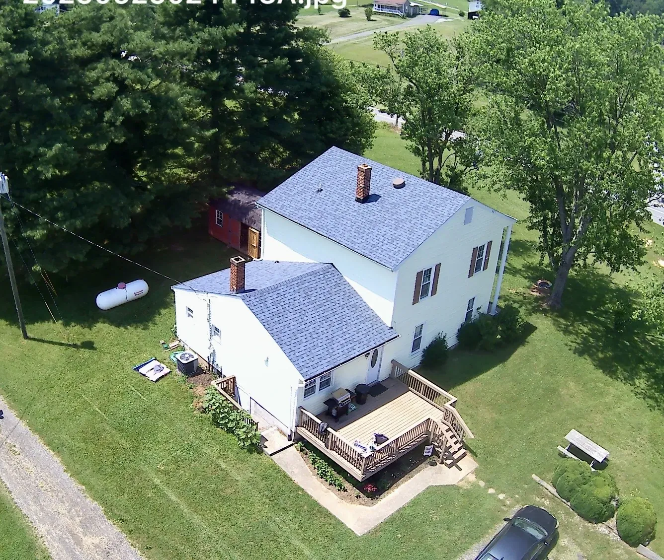 Aerial view of a roofline and gutters near Thaxton, VA
