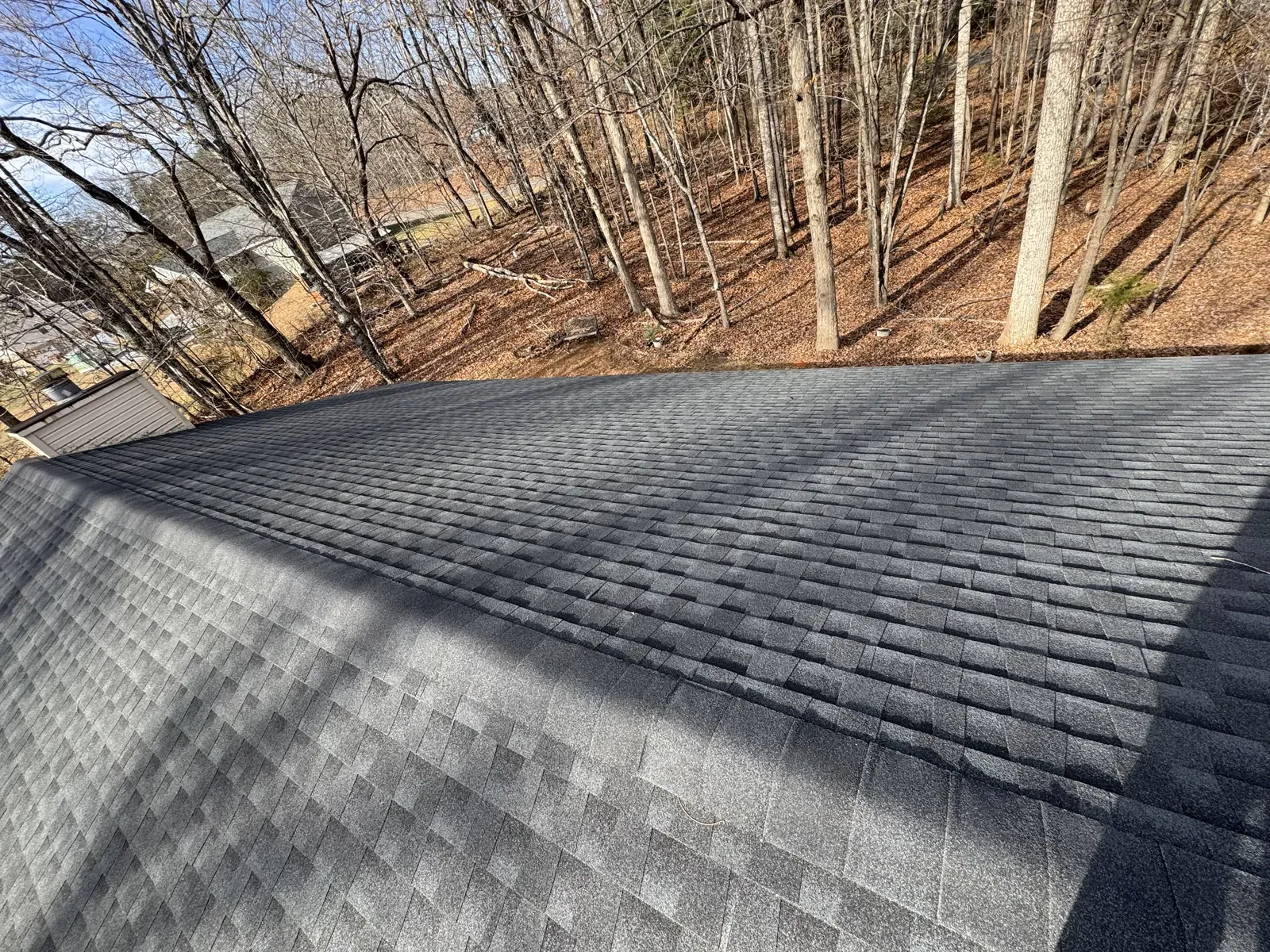 Roof edge surrounded by trees near Thaxton, VA