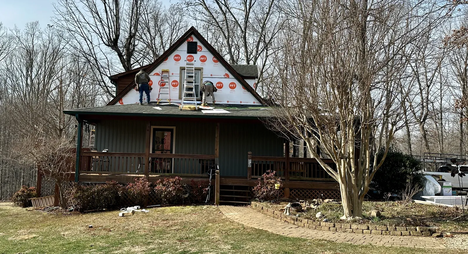 House wrap exposed during a siding job on a home in Thaxton, VA